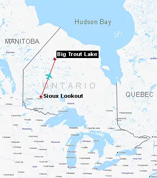 Map showing the route from Armstrong to Big Trout Lake